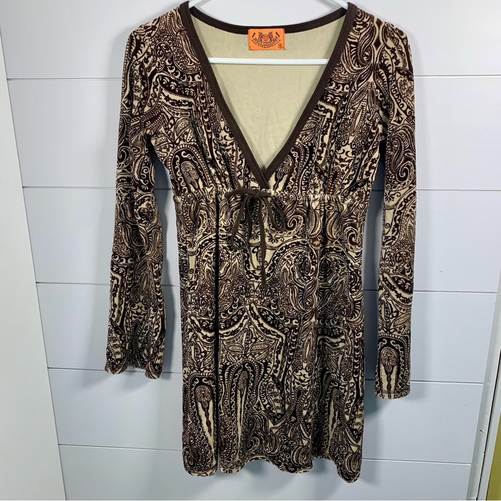 Y2K Juicy‎ Couture Velour Velvet Dress Sz S Brown Paisley Babydoll Beach Coverup